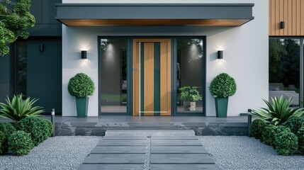 Fototapeta premium Wooden entrance door to modern white house with paving footpath and backside garden