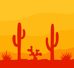 Landscape silhouette with cactus in desert. Simple cacti background.