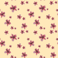 Monochrome burgundy flowers. Seamless pattern on a yellow background. Hand drawn watercolor illustration. For design, fabrics, textiles, wallpaper, prints, wrapping paper