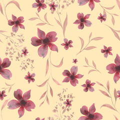 Monochrome burgundy branches with leaves and flowers. Seamless pattern on a yellow background. Hand drawn watercolor illustration. For design, fabrics, textiles, wallpaper, prints, wrapping paper