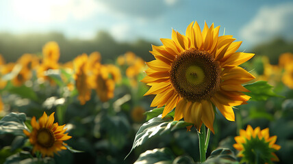 Fototapeta premium A vibrant sunflower field in full bloom under a clear blue sky, each flower facing towards the sun. The golden petals contrast beautifully with the green leaves and tall stalks.