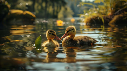 yellow duckling quacks by the tranquil pond, AI Generative