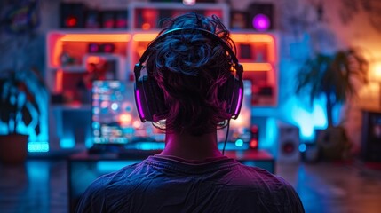 Back View of Gamer with Headphones in Neon Lit Room - Generative AI