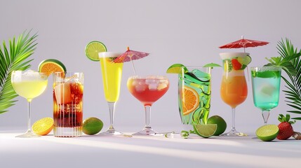 Colorful Set of Cocktails on White Background

