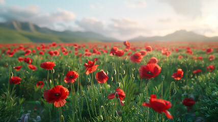 A field of poppies swaying gently in the wind, their bright red petals standing out against the green grass. The scene is peaceful, with a clear sky and distant hills.