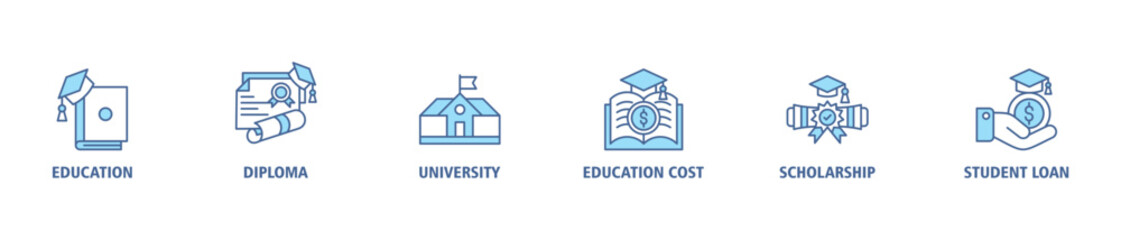 Scholarship banner web icon set vector illustration concept with icon of education, diploma, university, education cost, scholarship, loan student