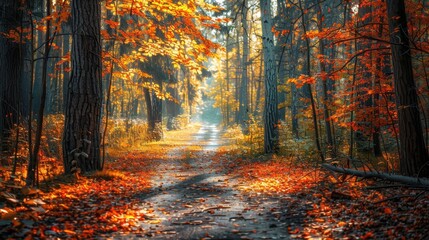 Fototapeta premium A picturesque autumn forest path with vibrant fall foliage and sunlight filtering through the trees, creating a warm and inviting atmosphere.