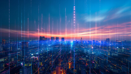 city skyline at , with glowing connections