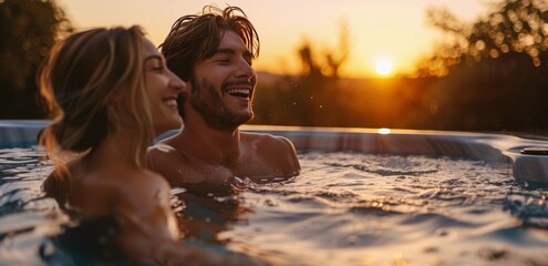 Couple Enjoying a Romantic Evening Hot Tub Soak at Sunset