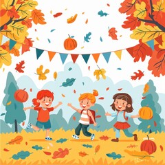 Fototapeta premium A group of children are playing in a field of autumn leaves