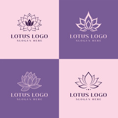 Four vector logo designs featuring lotus flowers, symbolizing purity and enlightenment. Perfect for wellness brands and spiritual endeavors, embodying elegance and tranquility.