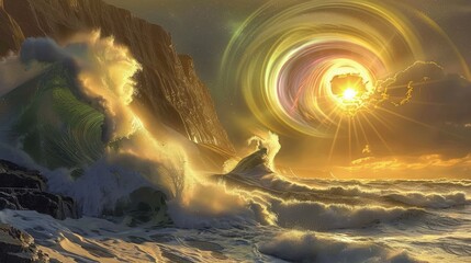 Majestic waves crashing against the cliffs, with the sun rising behind them, casting a golden light over the scene and a sky filled with swirling magical auroras.
