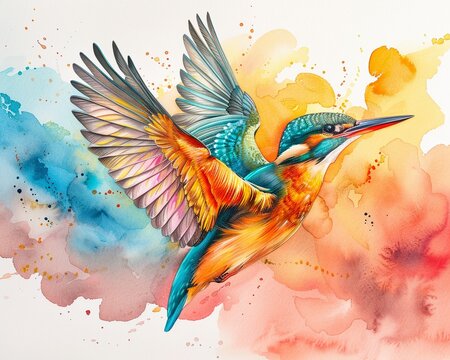 A striking kingfisher darting through the clear sky with clouds during golden hour, watercolor, warm hues