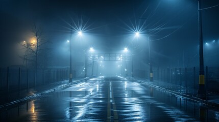 Midnight road or alley with wet asphalt and metal fences.