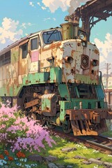 Naklejka premium Rustic Train in a Blossoming Spring Landscape. Weathered locomotive. The scene captures a perfect blend of nostalgia and natural beauty.
