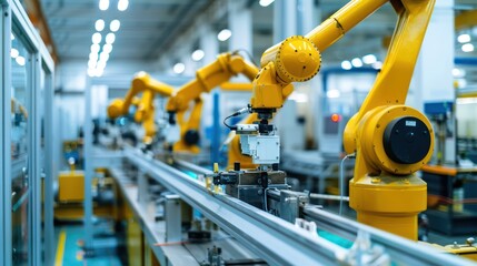 Robots and automated systems working in a high-tech manufacturing plant.