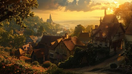 Golden hour light enveloping a quaint village, adding charm to the picturesque scene