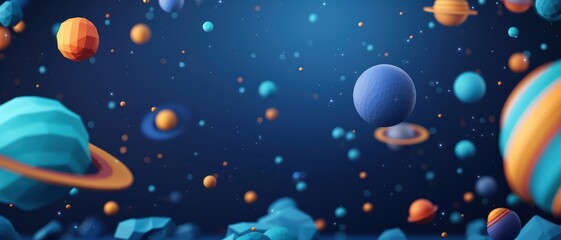 Colorful Abstract 3D Render of Floating Planets and Asteroids in Outer Space with a Dark Blue Background