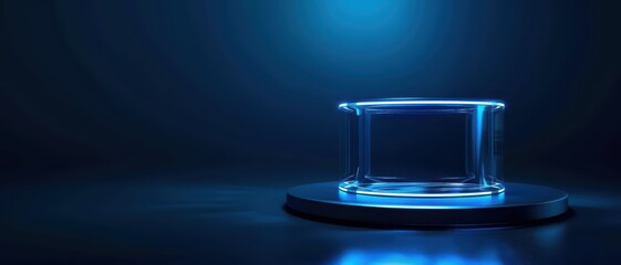 Futuristic Transparent Glass Podium on Dark Blue Background with Neon Lighting