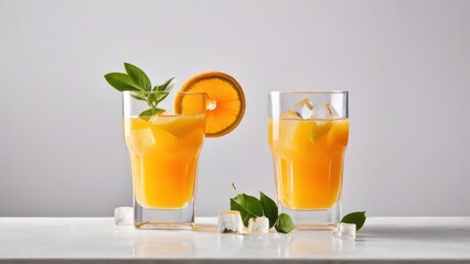 Two Glasses of Natural Orange Juice with Lemon Slice - Aromatic and Refreshing