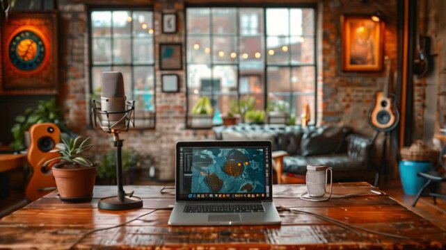 This modern recording studio with a laptop, microphone, and plants.