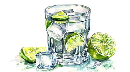 Glass of Gin Tonic with Ice Cubes and Lime: Watercolor Illustration