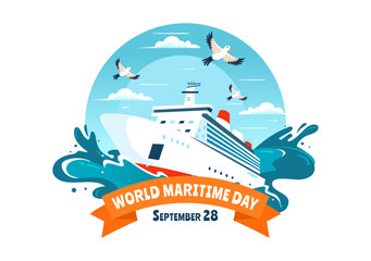 World Maritime Day Vector Illustration with Sea and Ship for Shipping Safety, Security, and the Marine Environment in a Nautical Flat Background