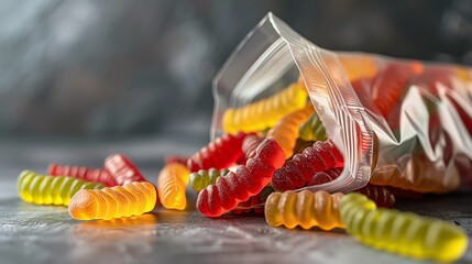 Colorful gummy worms spilling out of a pack on a smooth surface, showcasing vibrant candy treats in playful arrangement.