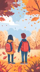 Fototapeta premium Two children stand in a colorful autumn forest, surrounded by falling leaves. They wear backpacks and look at the beautiful scenery ahead.