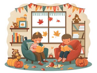 Naklejka premium Two children reading books in a cozy living room decorated for autumn.