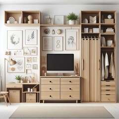 A 3D illustration of a wooden wardrobe with shelves and storage in a home or office