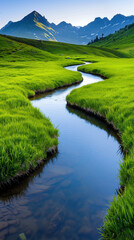 A river runs through a lush green valley with mountains in the background