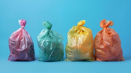 Four colorful garbage bags in pastel hues, neatly tied and arranged against a bright blue background.