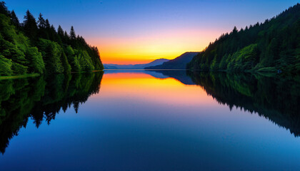 A beautiful lake with a sunset in the background