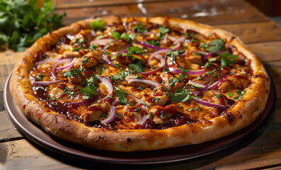 A BBQ chicken pizza with red onions and cilantro.