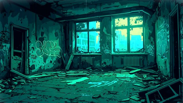 Abandoned room with dramatic lighting and graffiti in a deserted urban building. Urban decay and solitude concept