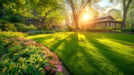 Naklejka premium Serene Garden Oasis with Lush Greenery and Sunlight Rays