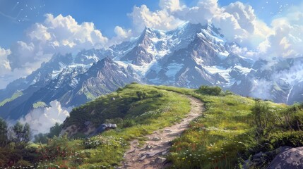 Fototapeta premium Winding Trail Through Majestic Alpine Landscape with Snow Capped Peaks and Fluffy Clouds
