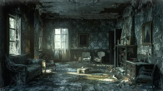 Abandoned room with dramatic lighting and decaying furniture. Urban decay and solitude concept