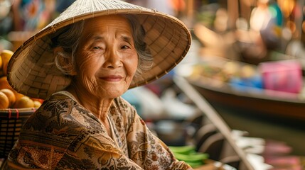 Smiling Asian Woman in Traditional Hat at a Floating Market