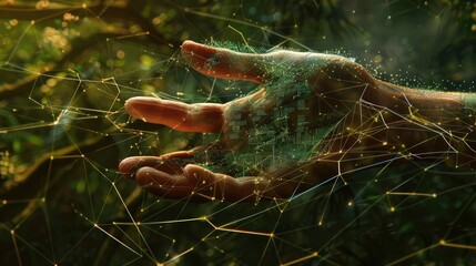 Digital Mesh in Serene Natural Backdrop Symbolizing Global Business Data