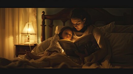 Fototapeta premium Peaceful Nighttime Moment of Mother Reading Storybook to Attentive Child