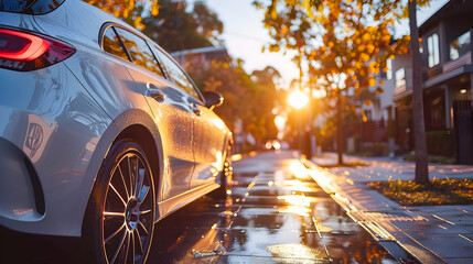 A person carefully and lovingly applying a protective wax coating to the flawless pearl white surface of a compact hatchback set against the backdrop of a tranquil suburban street on a bright