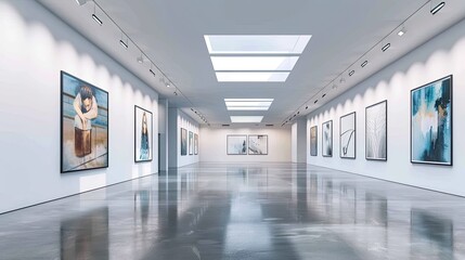 Obraz premium Modern Art Gallery Interior with Skylights and White Walls. Minimalist Display of Contemporary Paintings, Sunlit Exhibition Space with Panoramic Windows