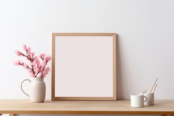 Modern Interior Design Mockup with Wooden Frame, White Vase, and Pink Flowers. Contemporary Decor Against White Wall Background