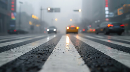 A foggy urban street at night with cars driving through the haze, highlighting the atmospheric pollution and challenges of visibility in city environments.