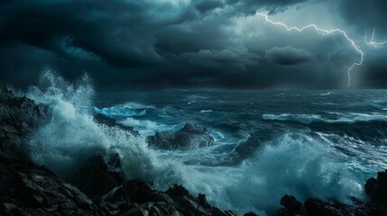 Fototapeta premium Capture the dynamic energy of a stormy sea, with dark, tumultuous waves crashing against a rocky shore, and lightning illuminating the sky.