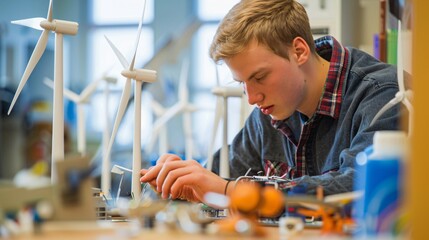 Male student working on a wind energy project, assembling model wind turbines for testing and analysis.
