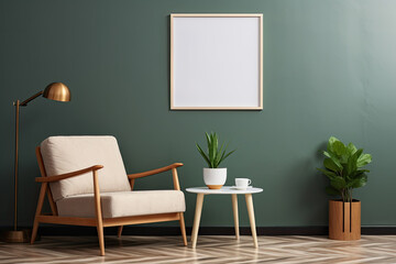 Modern Living Room Mockup with Blank Poster and Wooden Furniture, Dark Green Abstract Background, 3D Render