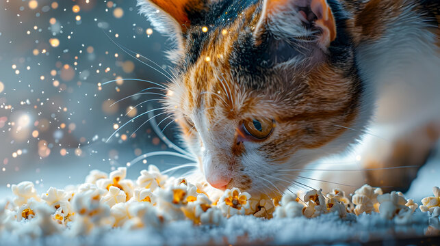 Close up portrait of a curious calico cat sniffing and investigating freshly popped popcorn on a coffee table in a living room setting